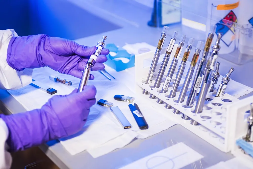Gloved hands handling components on a pharmaceutical production line